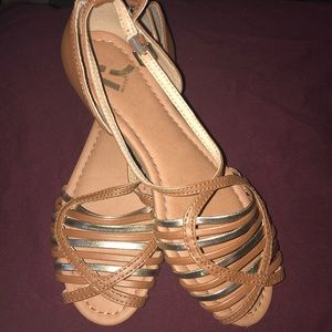 Brown & gold peep toe flats